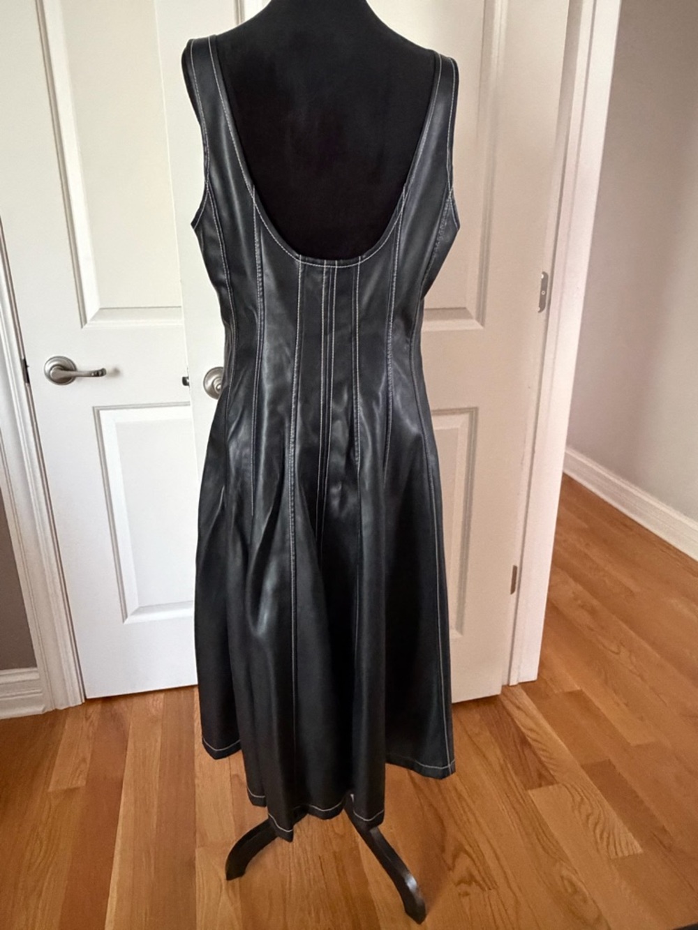 Sleeveless Black Faux Leather Fit-and-Flare Dress